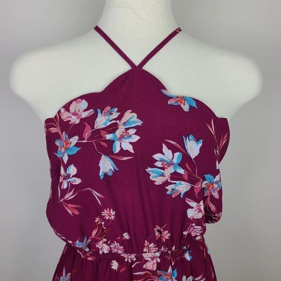 𝅺monteau Burgundy Floral Scalloped Neck Halter Dress Small - Picture 2 of 16